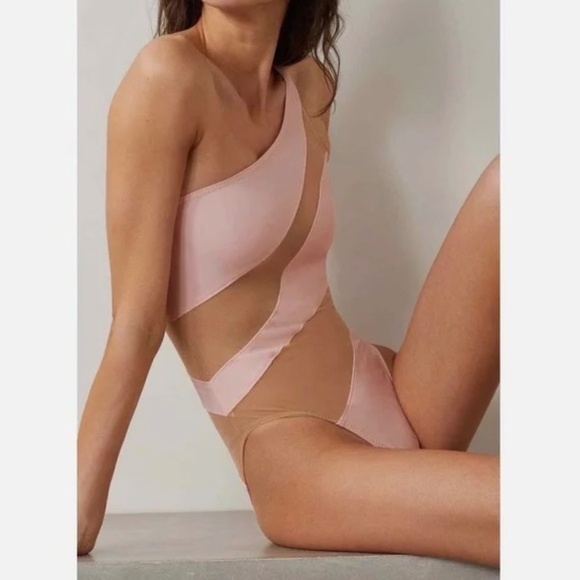 Norma Kamali One-shoulder Mesh-Panel Snake Swimsuit In Blush Sz M - Picture 1 of 9